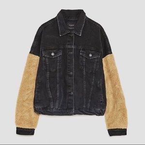 Zara Black Denim Jacket with Sherpa Sleeves XS